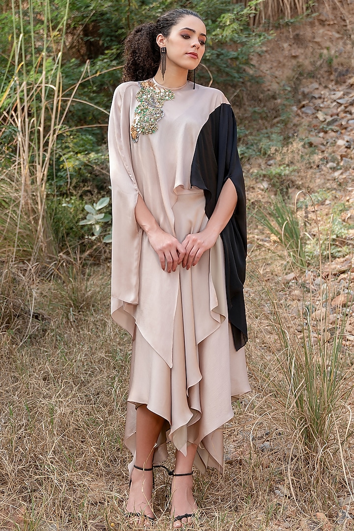 Beige Satin Chiffon Draped Skirt Set by Kaprapan By Anaita Shah at Pernia's Pop Up Shop