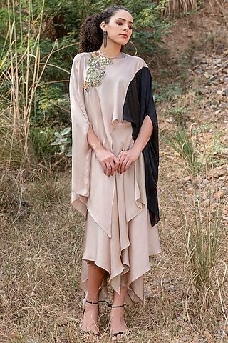 Beige Satin Chiffon Draped Skirt Set by Kaprapan By Anaita Shah