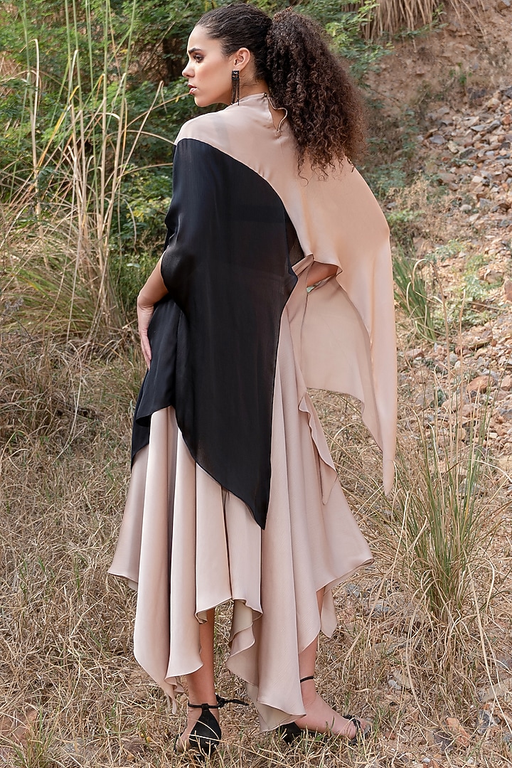Beige Satin Chiffon Draped Skirt Set by Kaprapan By Anaita Shah at Pernia's Pop Up Shop