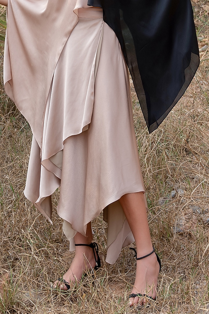 Beige Satin Chiffon Draped Skirt Set by Kaprapan By Anaita Shah at Pernia's Pop Up Shop