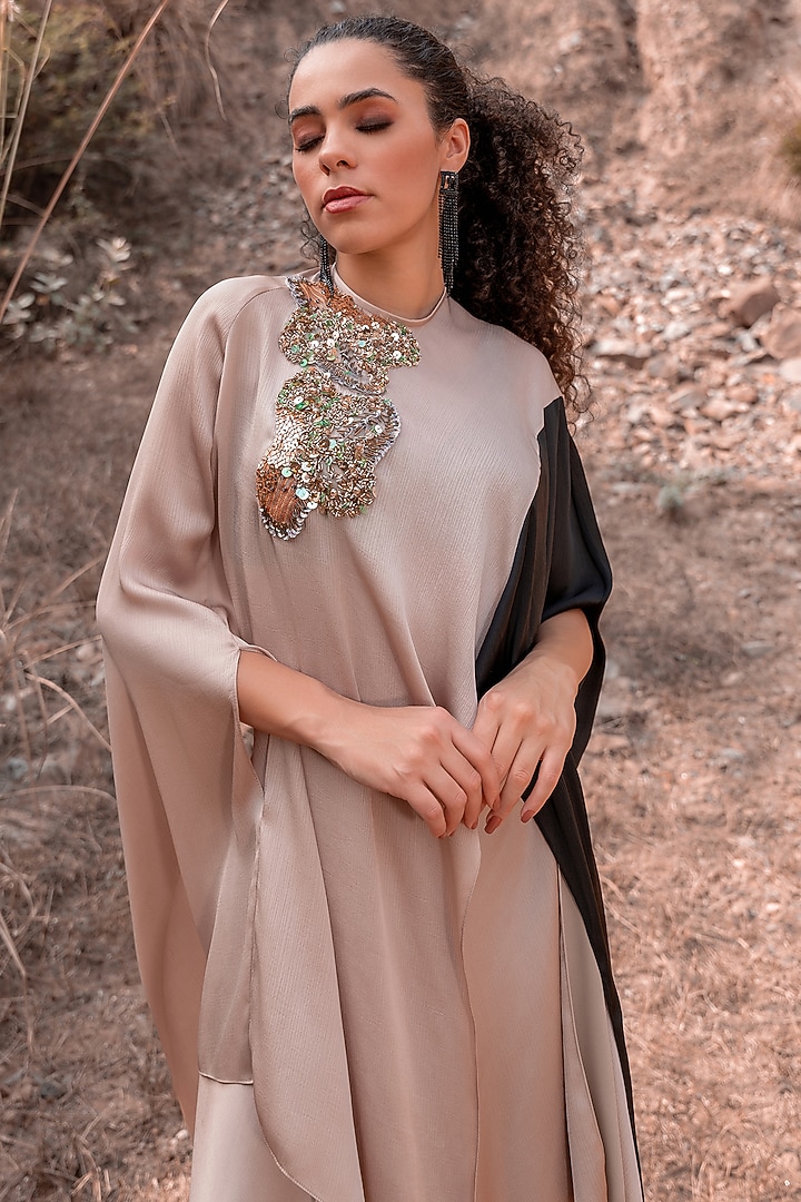 Beige Satin Chiffon Draped Skirt Set by Kaprapan By Anaita Shah at Pernia's Pop Up Shop