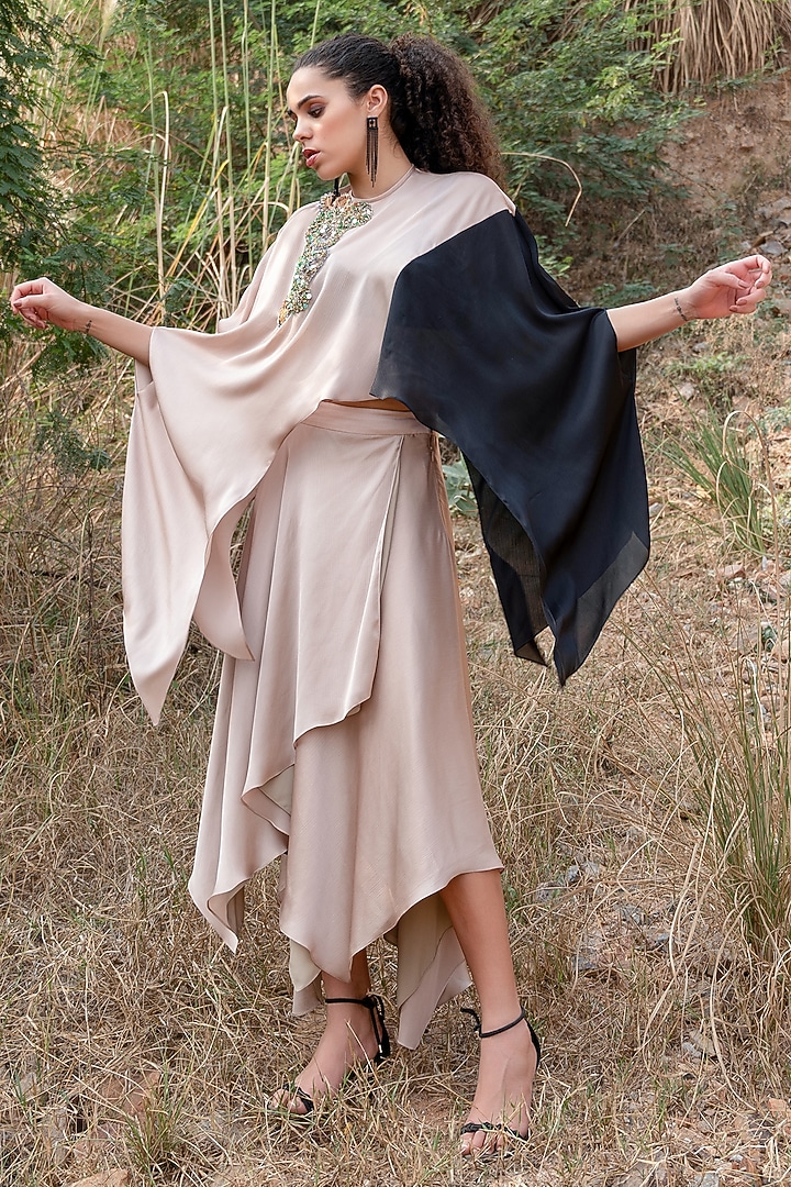 Beige Satin Chiffon Draped Skirt Set by Kaprapan By Anaita Shah at Pernia's Pop Up Shop