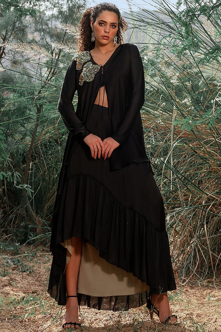 Black Satin Chiffon Skirt Set by Kaprapan By Anaita Shah at Pernia's Pop Up Shop