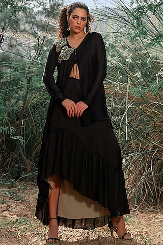 Black Satin Chiffon Skirt Set by Kaprapan By Anaita Shah