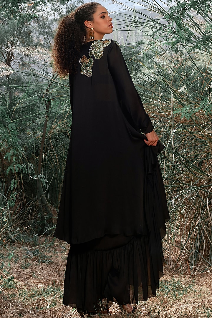 Black Satin Chiffon Skirt Set by Kaprapan By Anaita Shah at Pernia's Pop Up Shop