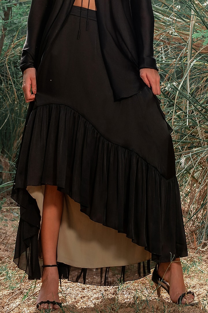Black Satin Chiffon Skirt Set by Kaprapan By Anaita Shah at Pernia's Pop Up Shop