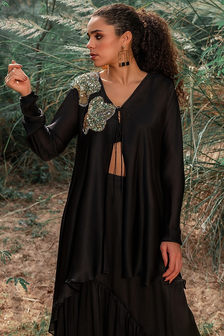 Black Satin Chiffon Skirt Set by Kaprapan By Anaita Shah at Pernia's Pop Up Shop