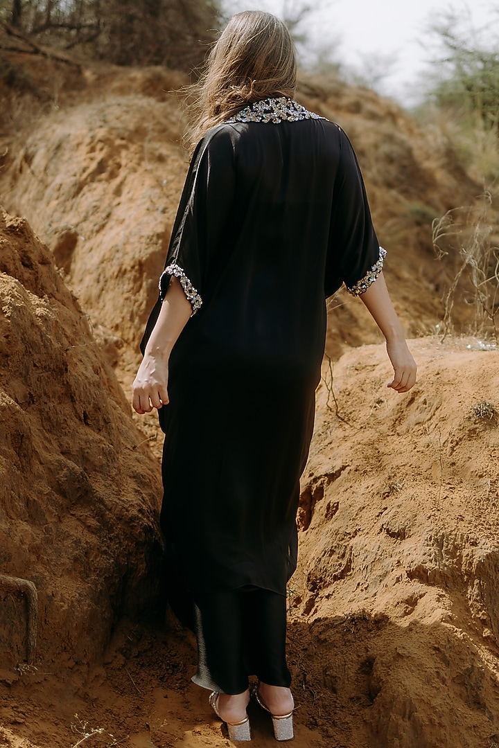 Black Satin Chiffon Sequins Embroidered Jacket Set by Kaprapan By Anaita Shah at Pernia's Pop Up Shop