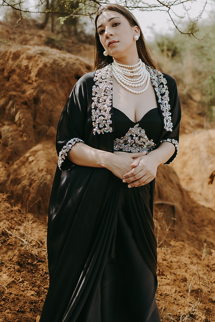 Black Satin Chiffon Sequins Embroidered Jacket Set by Kaprapan By Anaita Shah at Pernia's Pop Up Shop