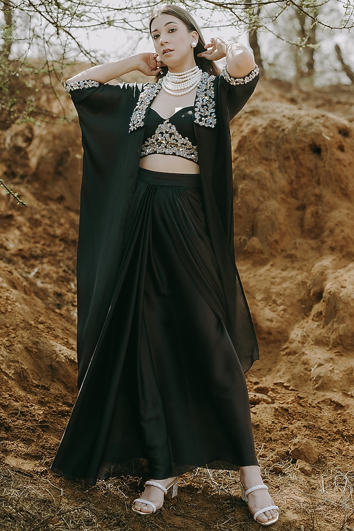 Black Satin Chiffon Sequins Embroidered Jacket Set by Kaprapan By Anaita Shah at Pernia's Pop Up Shop