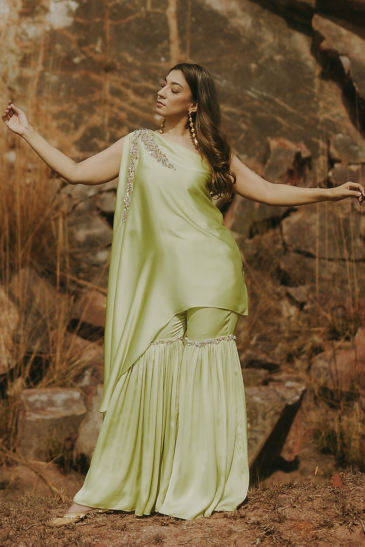 Green Satin Chiffon Embroidered Sharara Set by Kaprapan By Anaita Shah at Pernia's Pop Up Shop