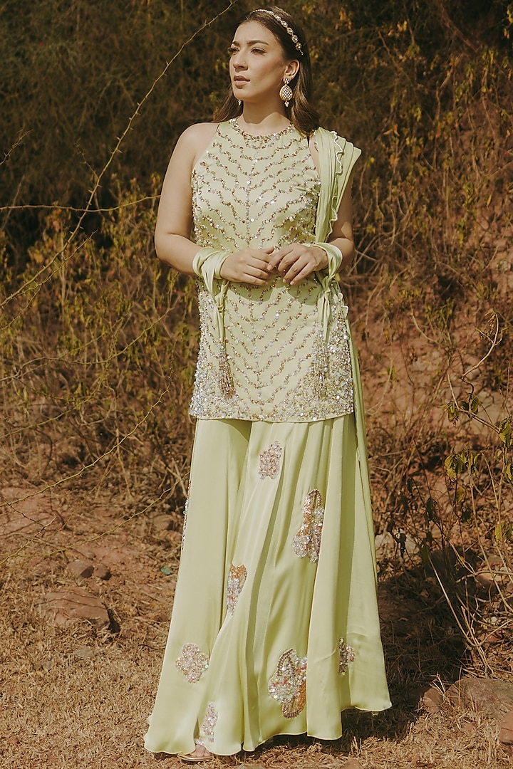 Green Satin Chiffon Embroidered Sharara Set by Kaprapan By Anaita Shah at Pernia's Pop Up Shop