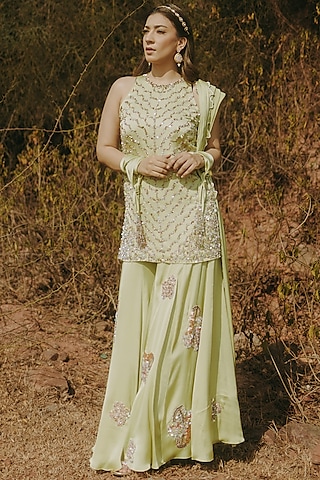 Green Satin Chiffon Embroidered Sharara Set by Kaprapan By Anaita Shah