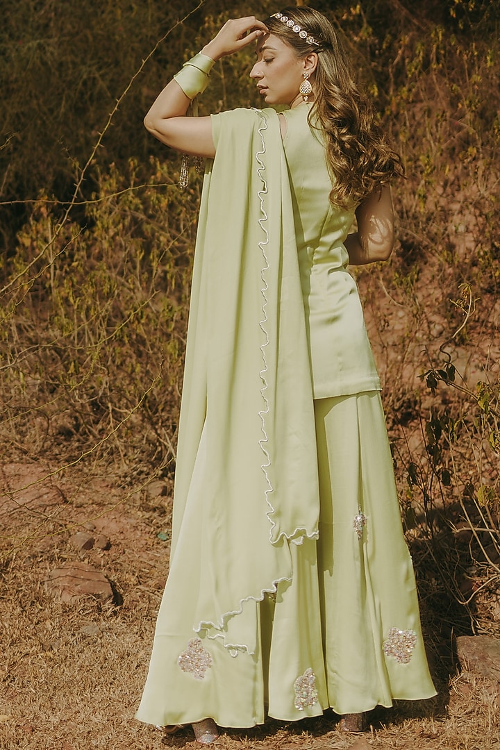 Green Satin Chiffon Embroidered Wedding Sharara Set by Kaprapan By Anaita Shah at Pernia's Pop Up Shop