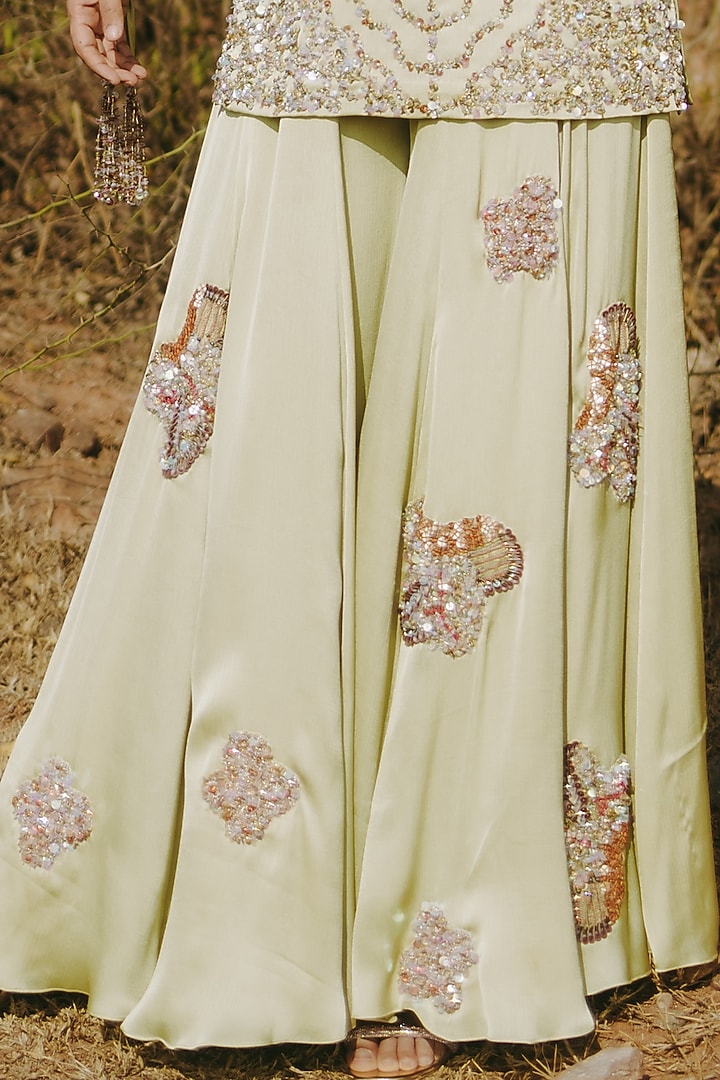 Green Satin Chiffon Embroidered Wedding Sharara Set by Kaprapan By Anaita Shah at Pernia's Pop Up Shop