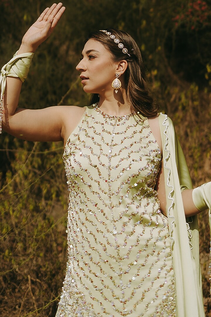 Green Satin Chiffon Embroidered Wedding Sharara Set by Kaprapan By Anaita Shah at Pernia's Pop Up Shop