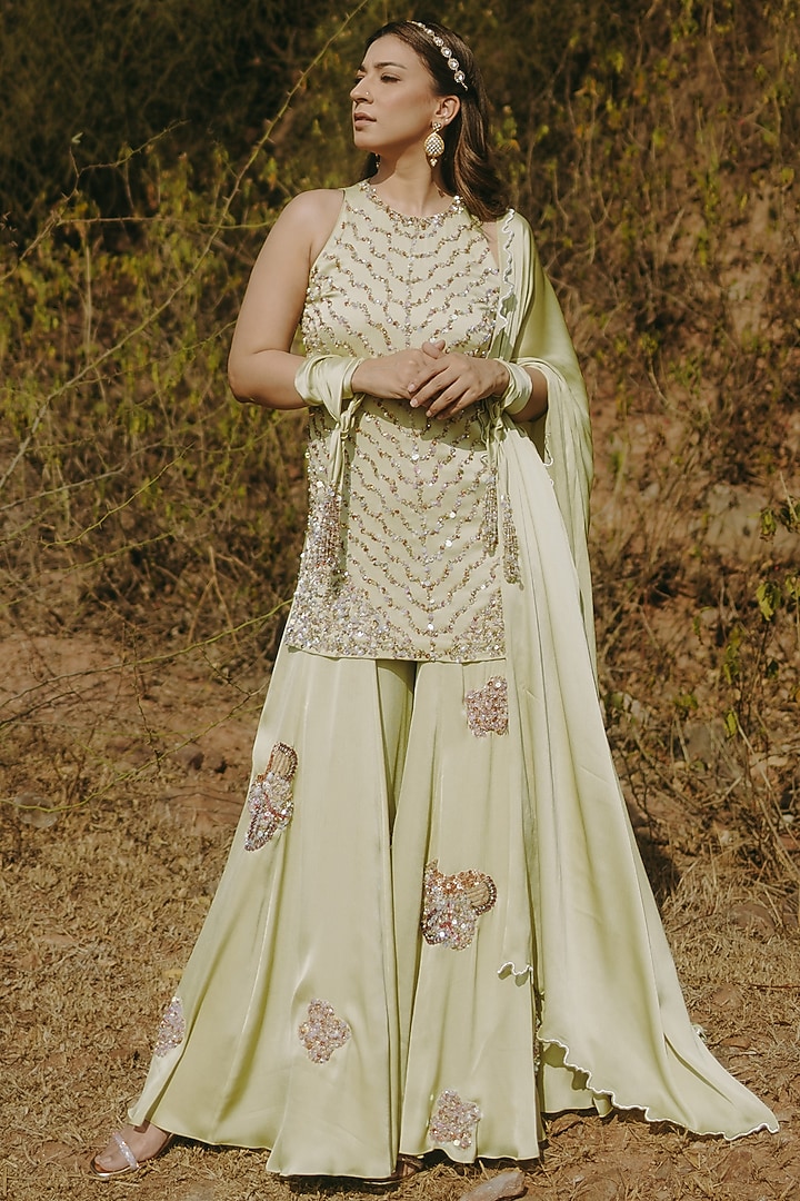 Green Satin Chiffon Embroidered Wedding Sharara Set by Kaprapan By Anaita Shah at Pernia's Pop Up Shop