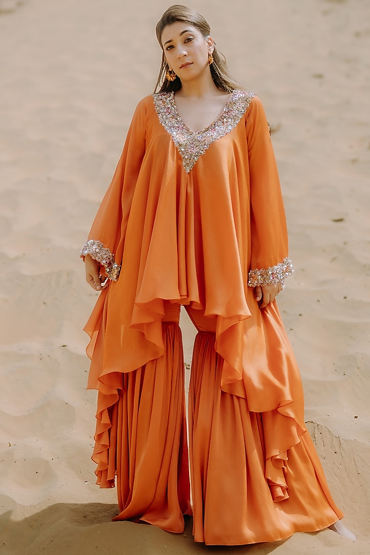 Orange Satin Chiffon Sharara Set by Kaprapan By Anaita Shah