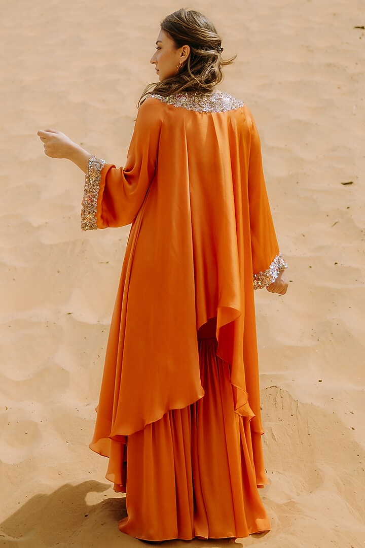Orange Satin Chiffon Party Wear Sharara Set by Kaprapan By Anaita Shah at Pernia's Pop Up Shop