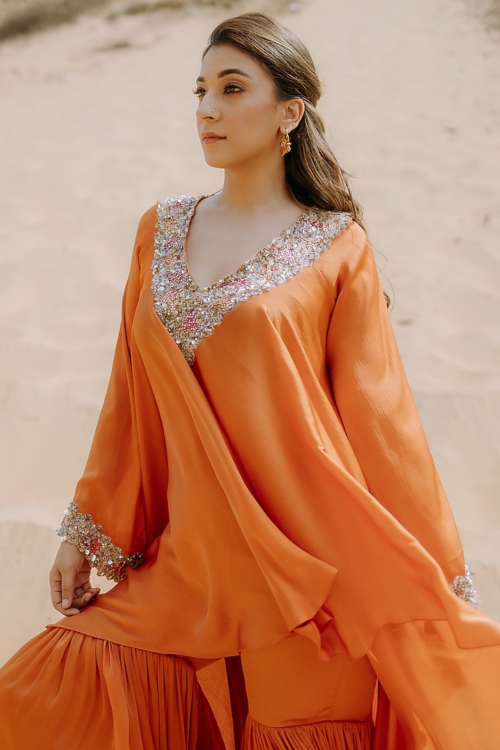 Orange Satin Chiffon Party Wear Sharara Set by Kaprapan By Anaita Shah at Pernia's Pop Up Shop