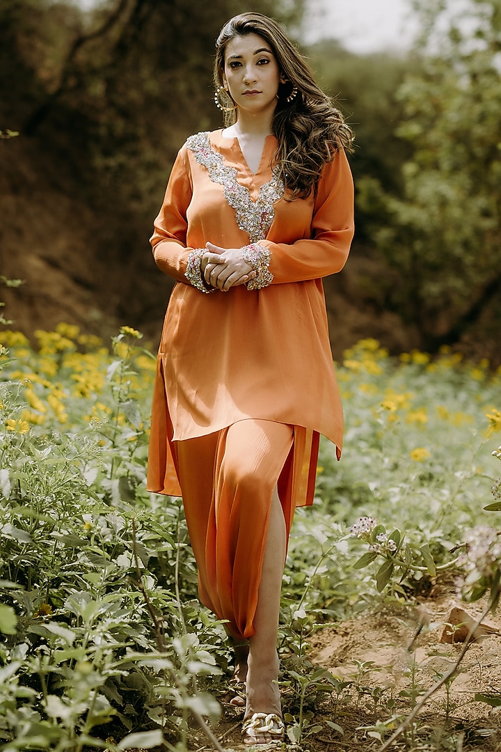 Orange Satin Chiffon Cutdana Embroidered Co-Ord Set by Kaprapan By Anaita Shah at Pernia's Pop Up Shop