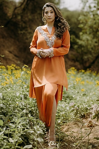 Orange Satin Chiffon Cutdana Embroidered Co-Ord Set by Kaprapan By Anaita Shah