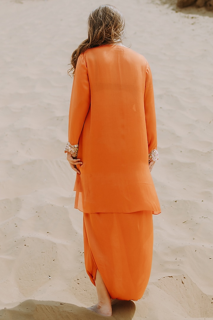 Orange Satin Chiffon Cutdana Embroidered Co-Ord Set by Kaprapan By Anaita Shah at Pernia's Pop Up Shop