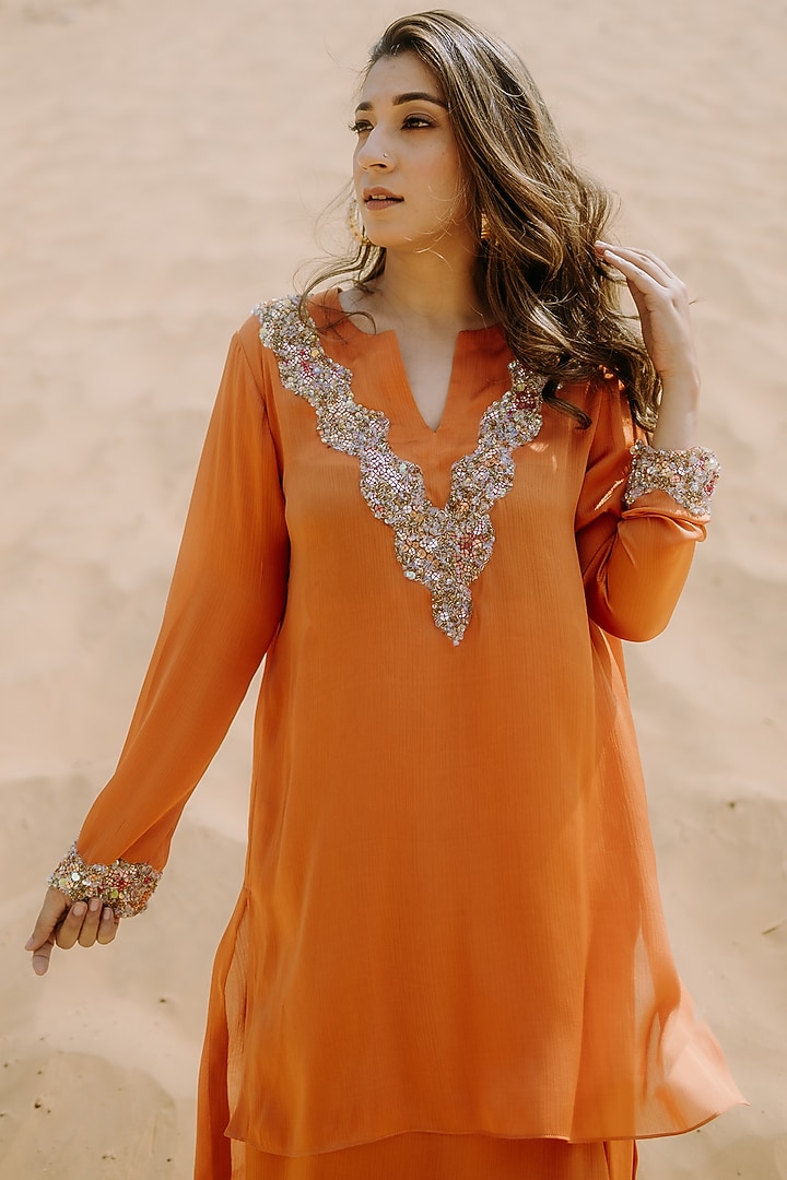 Orange Satin Chiffon Cutdana Embroidered Co-Ord Set by Kaprapan By Anaita Shah at Pernia's Pop Up Shop