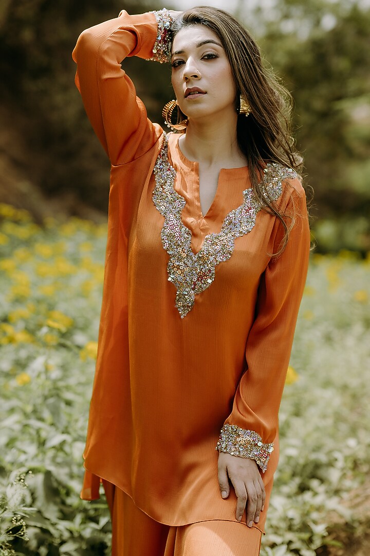 Orange Satin Chiffon Cutdana Embroidered Co-Ord Set by Kaprapan By Anaita Shah at Pernia's Pop Up Shop