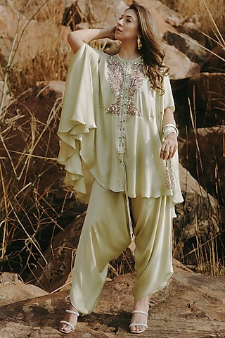Green Satin Chiffon Sequins Embroidered Co-Ord Set by Kaprapan By Anaita Shah