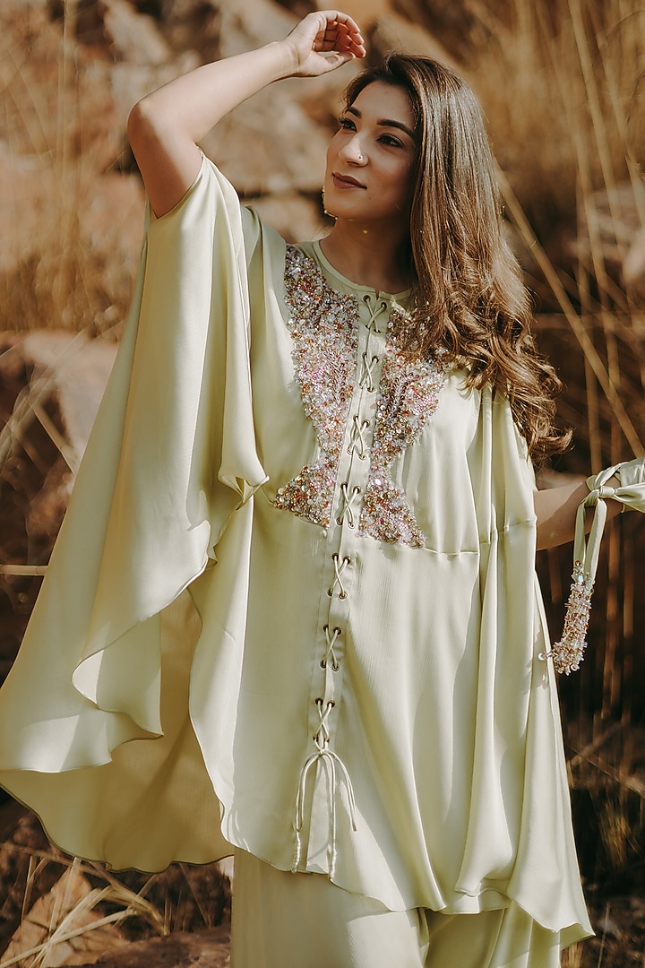 Green Satin Chiffon Sequins Embroidered Co-Ord Set by Kaprapan By Anaita Shah at Pernia's Pop Up Shop