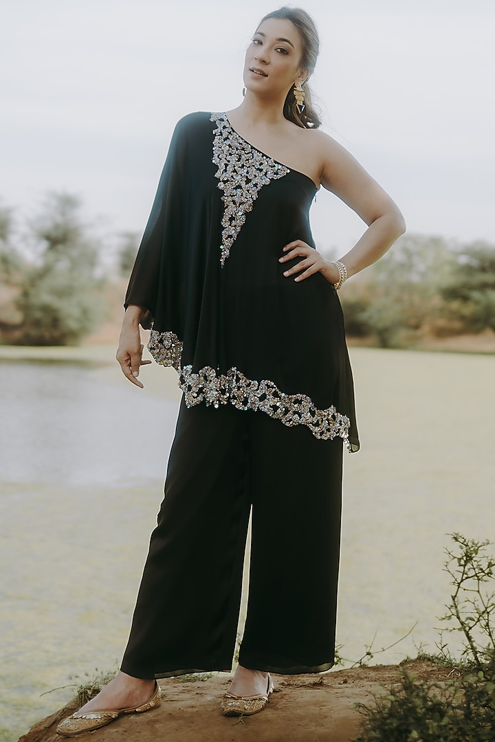 Black Satin Chiffon Cutdana Embroidered Co-Ord Set by Kaprapan By Anaita Shah at Pernia's Pop Up Shop