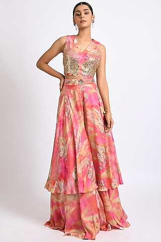 Pink & Yellow Printed Sharara Set by Kaprapan By Anaita Shah