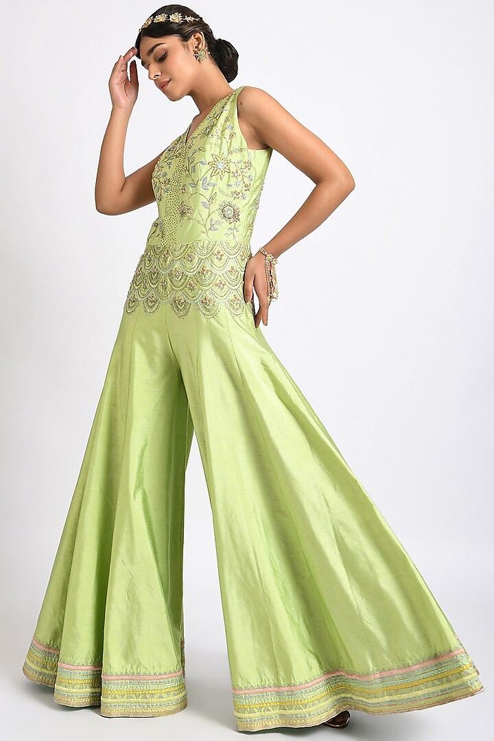 Mint Green Embroidered Jumpsuit by Kaprapan By Anaita Shah