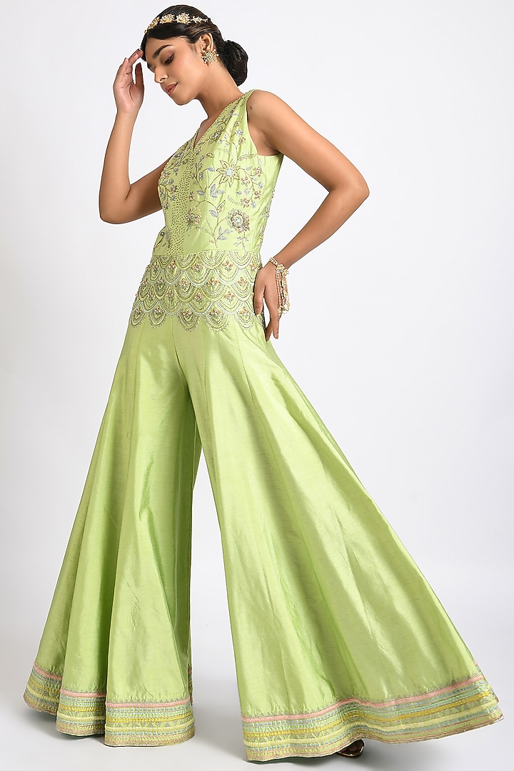 Mint Green Embroidered Jumpsuit Design by Kaprapan at Pernia's Pop Up