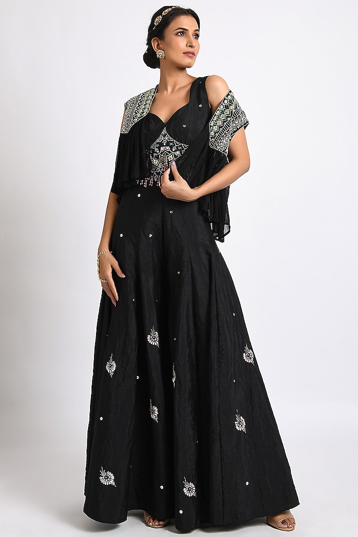 Black Embroidered Jumpsuit With Shrug by Kaprapan