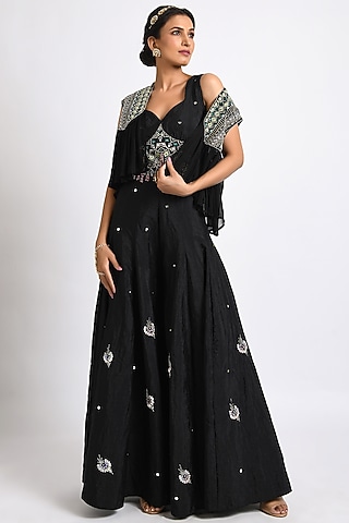 Black Embroidered Jumpsuit With Shrug by Kaprapan By Anaita Shah