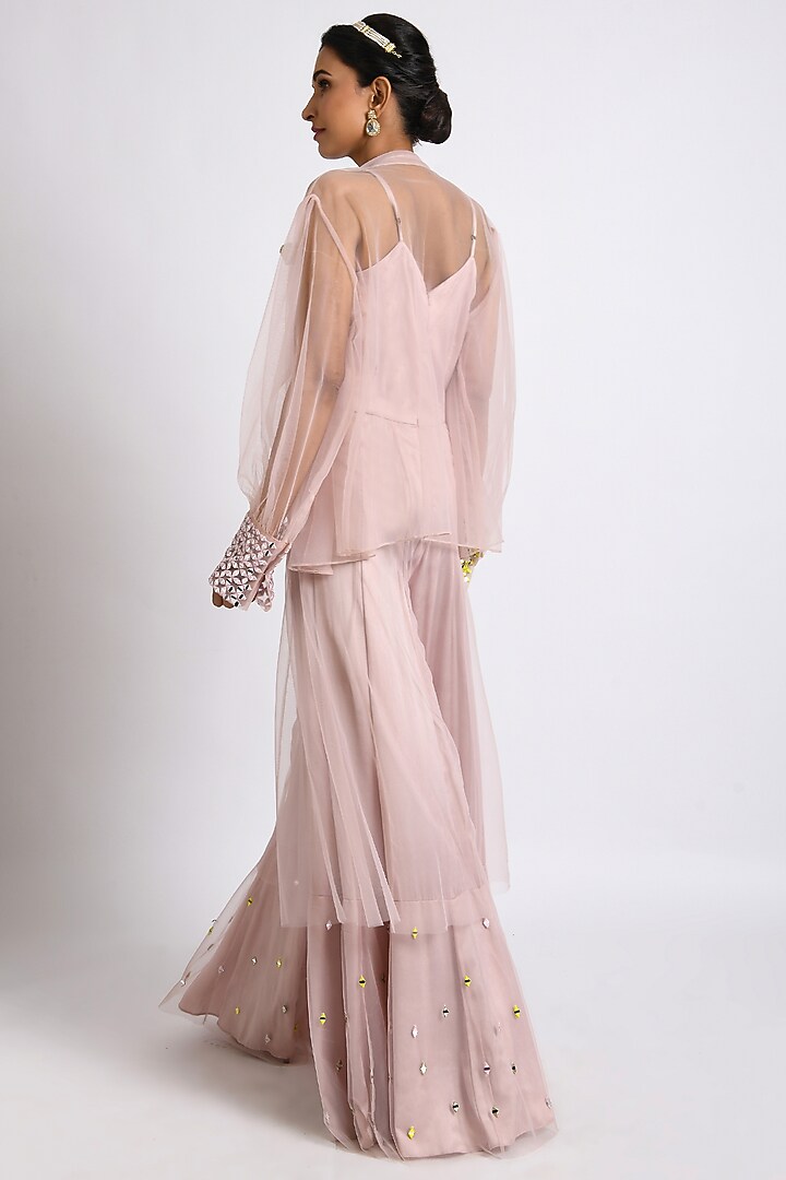 Blush Pink Net Jumpsuit With Shrug by Kaprapan By Anaita Shah at Pernia's Pop Up Shop