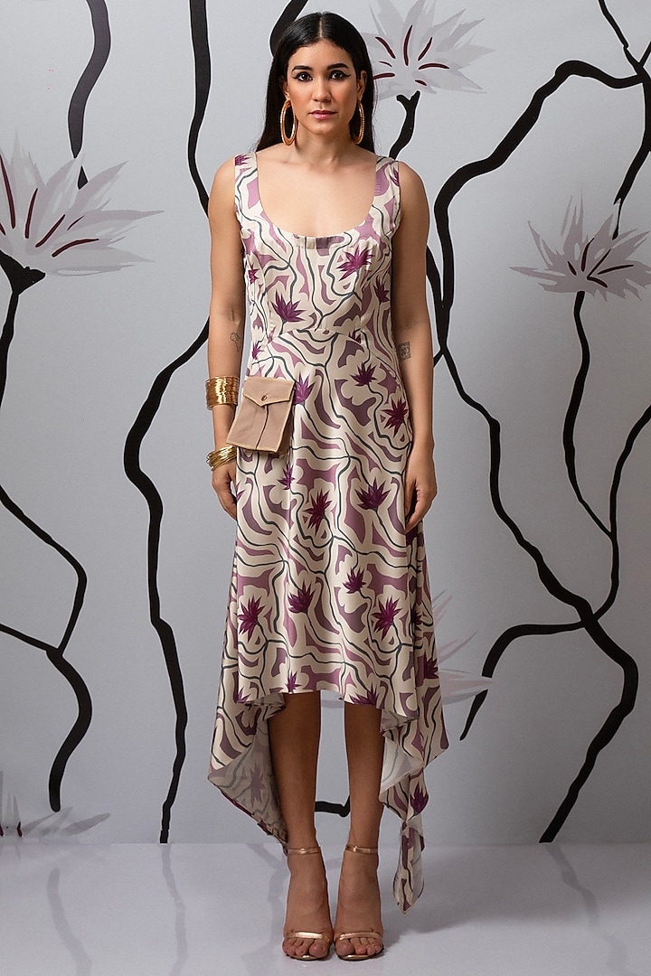 Purple Satin Printed Asymmetrical Dress by Kaprapan By Anaita Shah