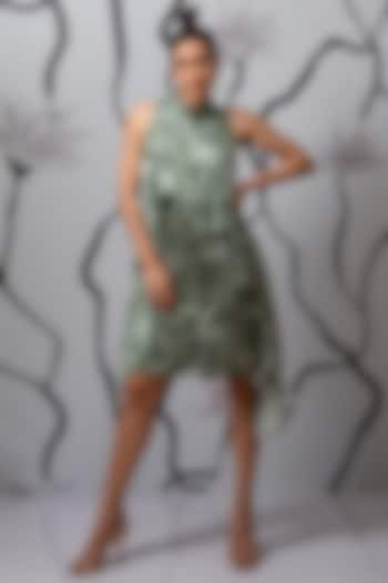 Green Satin Printed Asymmetric Shirt Dress by Kaprapan By Anaita Shah at Pernia's Pop Up Shop