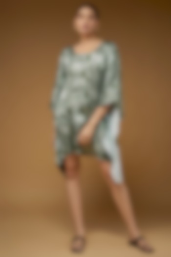 Green Satin Polyester Lotus Printed Kaftan by Kaprapan By Anaita Shah at Pernia's Pop Up Shop