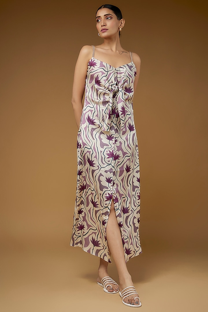 Purple Satin Polyester Lotus Printed Dress by Kaprapan By Anaita Shah