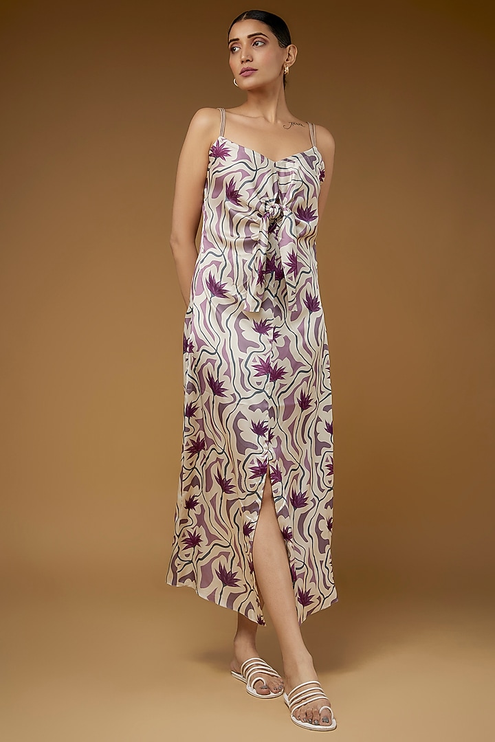 Purple Satin Polyester Lotus Printed Summer Dress by Kaprapan By Anaita Shah at Pernia's Pop Up Shop
