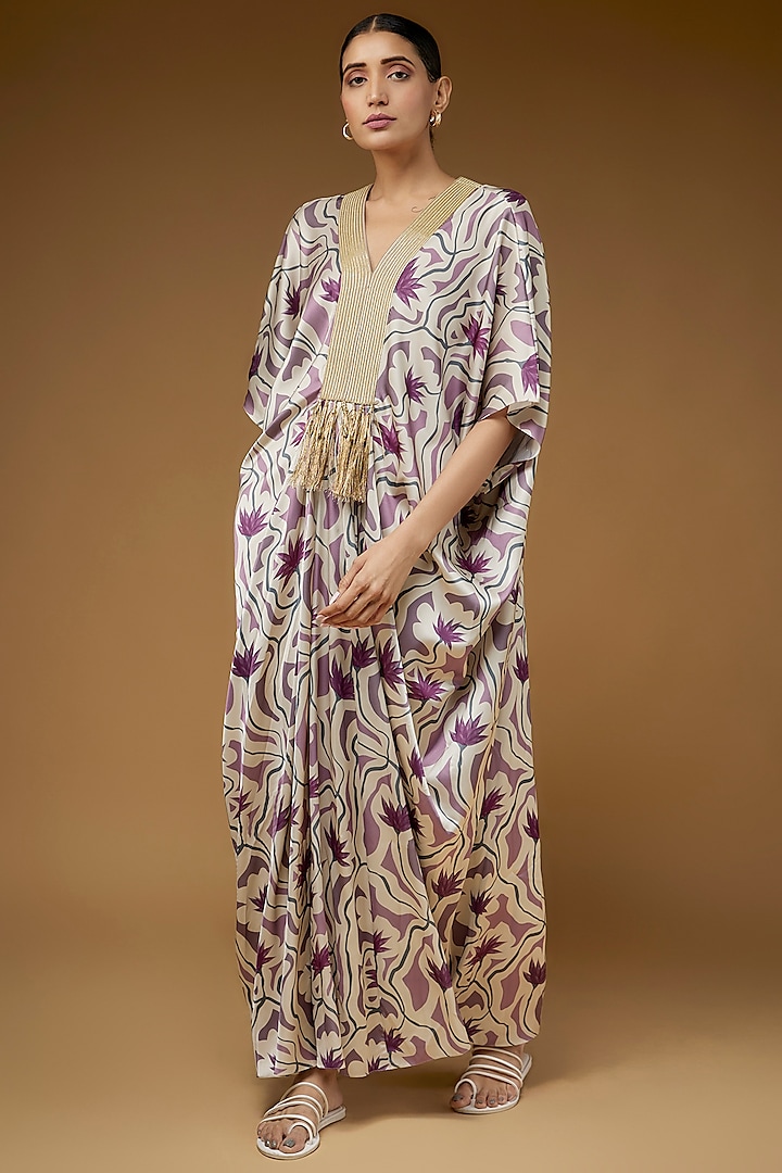 Purple Satin Polyester Lotus Printed Kaftan by Kaprapan By Anaita Shah