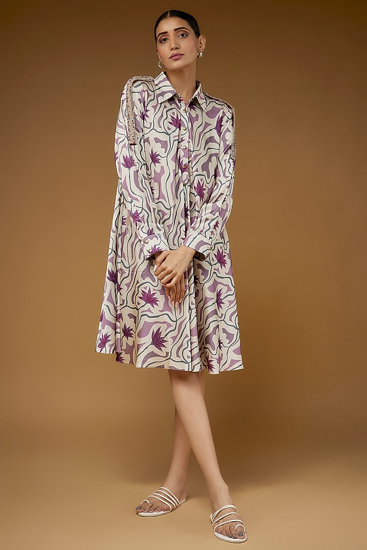 Purple Satin Polyester Lotus Printed Summer Dress by Kaprapan By Anaita Shah at Pernia's Pop Up Shop