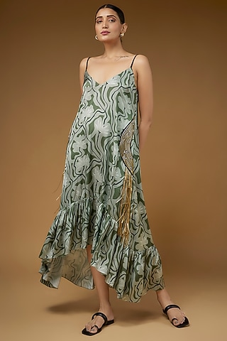 Army Green Satin Polyester Lotus Printed Dress by Kaprapan By Anaita Shah