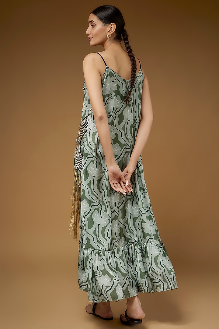 Army Green Satin Polyester Lotus Printed Vacation Dress by Kaprapan By Anaita Shah at Pernia's Pop Up Shop