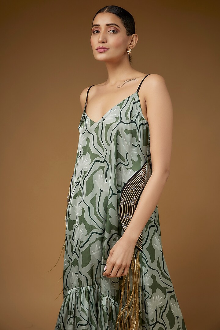 Army Green Satin Polyester Lotus Printed Vacation Dress by Kaprapan By Anaita Shah at Pernia's Pop Up Shop
