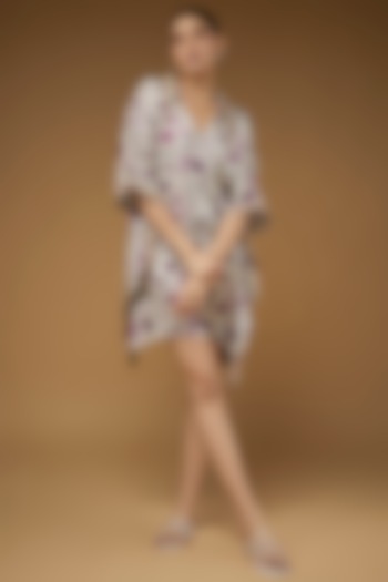 Purple Satin Polyester Lotus Printed Kaftan by Kaprapan By Anaita Shah at Pernia's Pop Up Shop