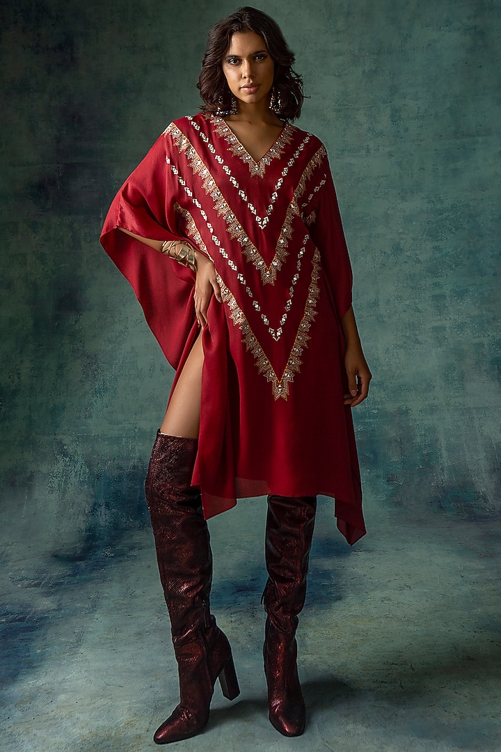 Maroon Embroidered Kaftan by Kaprapan By Anaita Shah at Pernia's Pop Up Shop